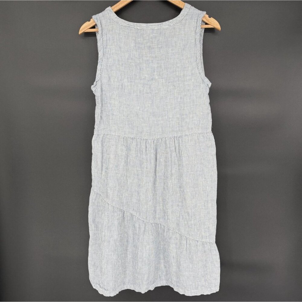 Lucky Brand 100% Linen Striped Sleeveless Tiered Dress S Blue White Sundress - Picture 2 of 7